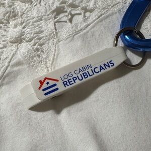 Log Cabin Republicans White Bottle Opener Keychain with Blue and Red Logo